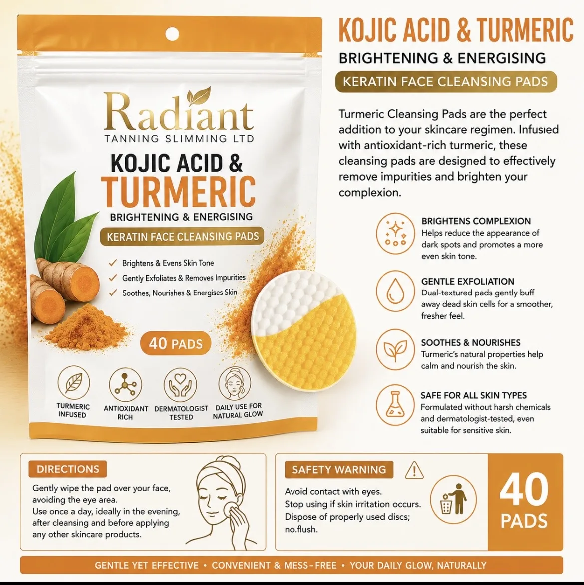 Kojic acid and turmeric face cleansing pads
